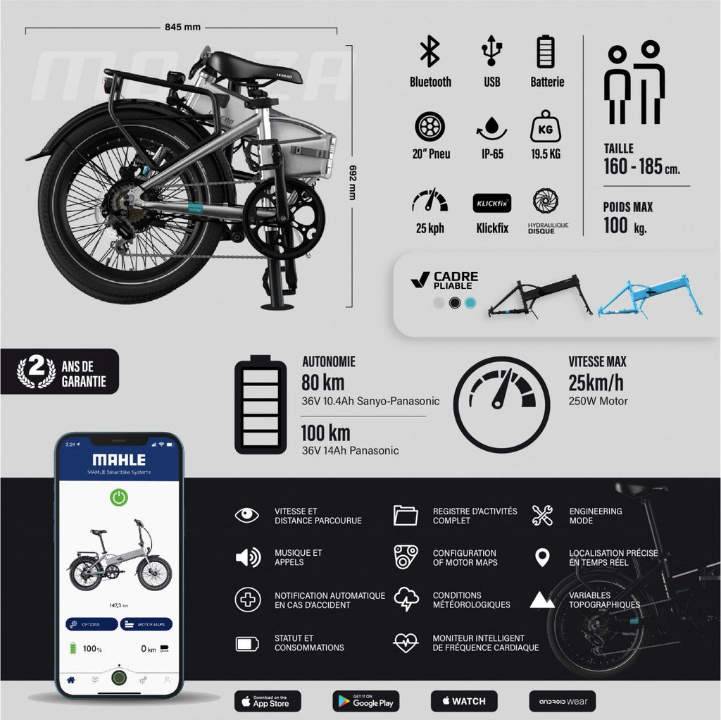 Legend Monza Vélo Electrique Pliant Smart eBike Roues de 20 Pouces, Freins Disque Hydraulique, Batterie 36V 14Ah Panasonic (504Wh), Argent