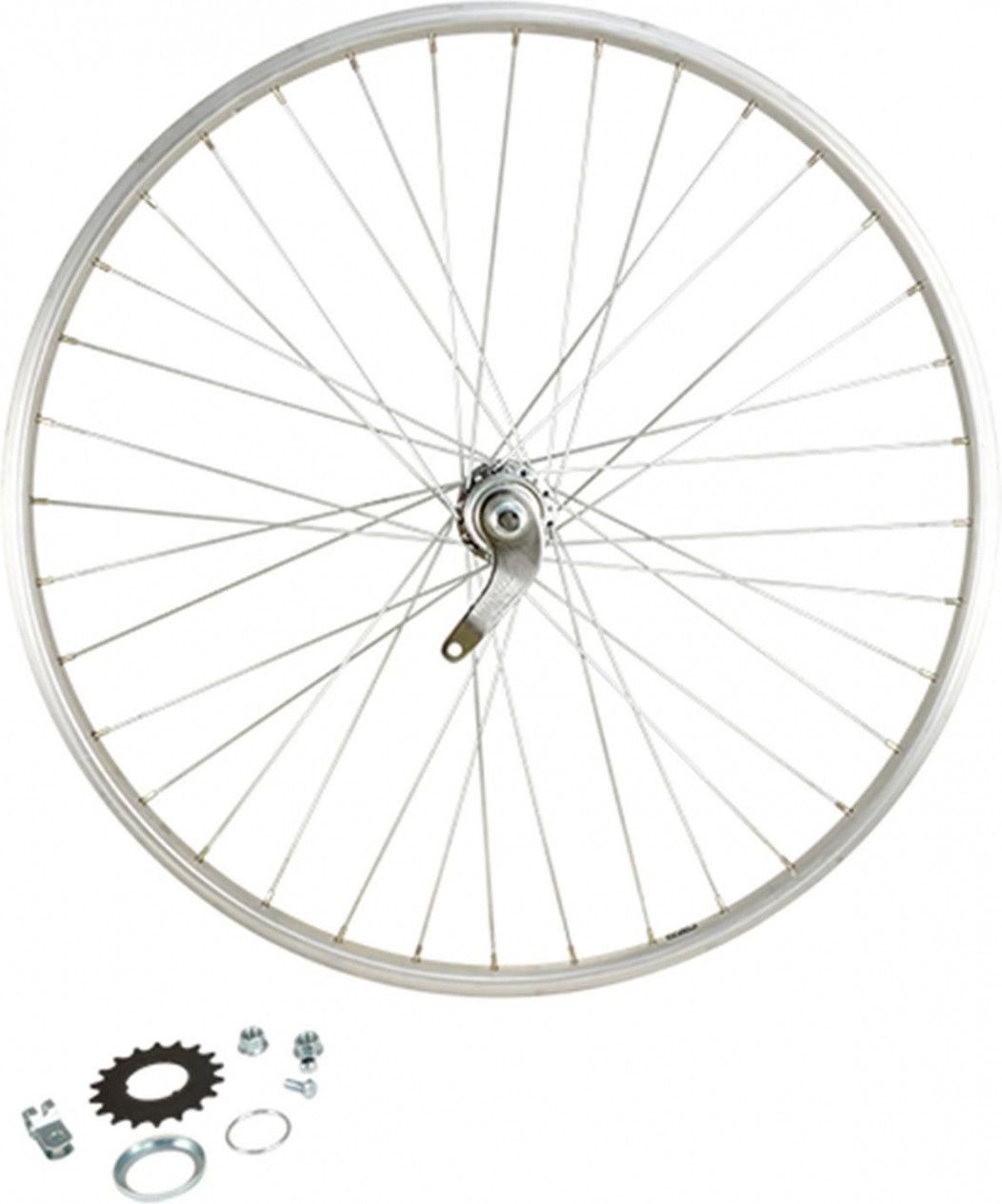 Roue velo urbain 650 x 35b ar ecrou axe plein jante alu argent retropedalage 36t