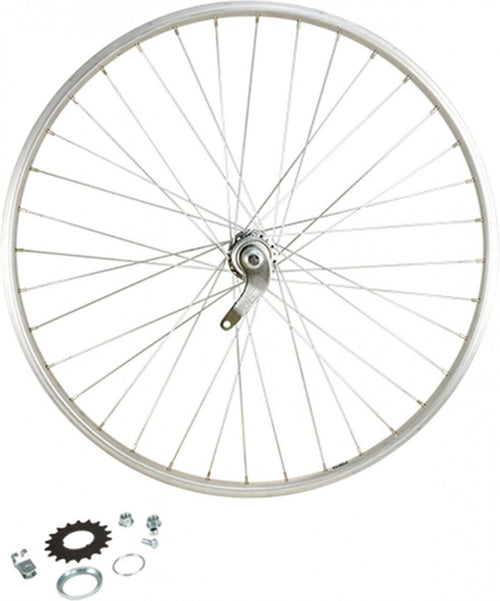 Roue velo urbain 650 x 35b ar ecrou axe plein jante alu argent retropedalage 36t
