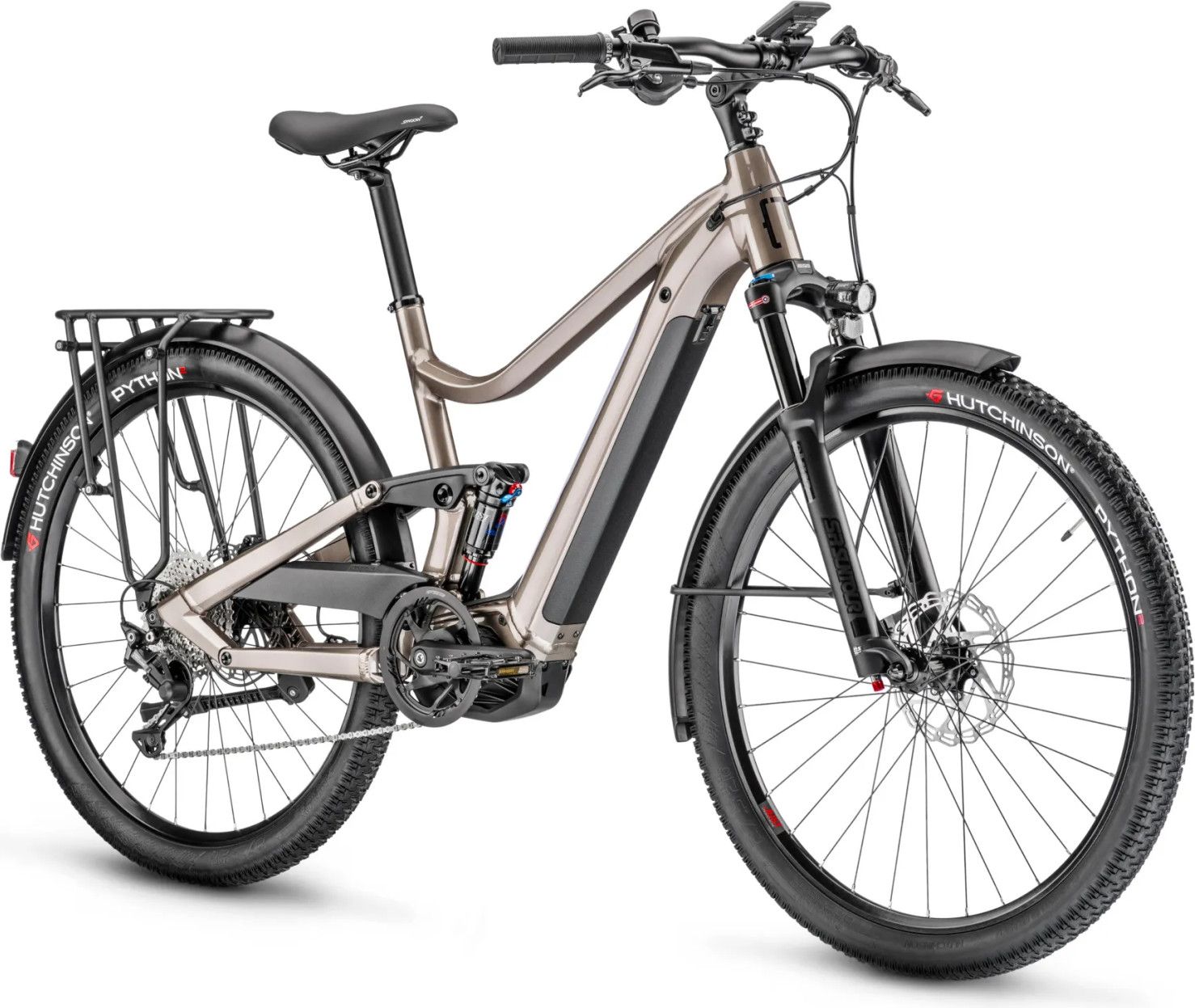 VTC Électrique Tout-Suspendu Moustache Samedi 27 Xroad FS 3 Smart System Shimano Deore 11V 500 Wh 27.5'' Beige 2023