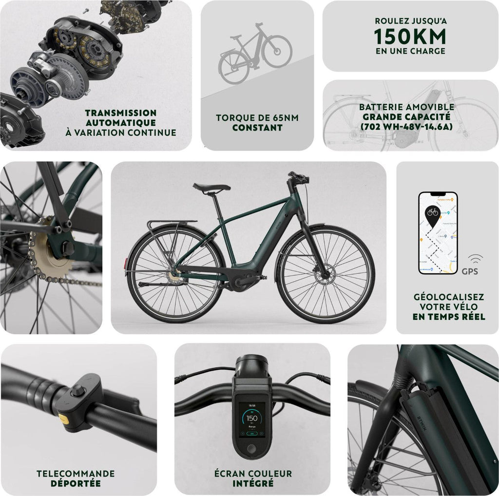 Vélo de Ville Électrique Btwin LD 920 E Cadre Bas Moteur Automatique Owuru 702Wh 700mm Noir