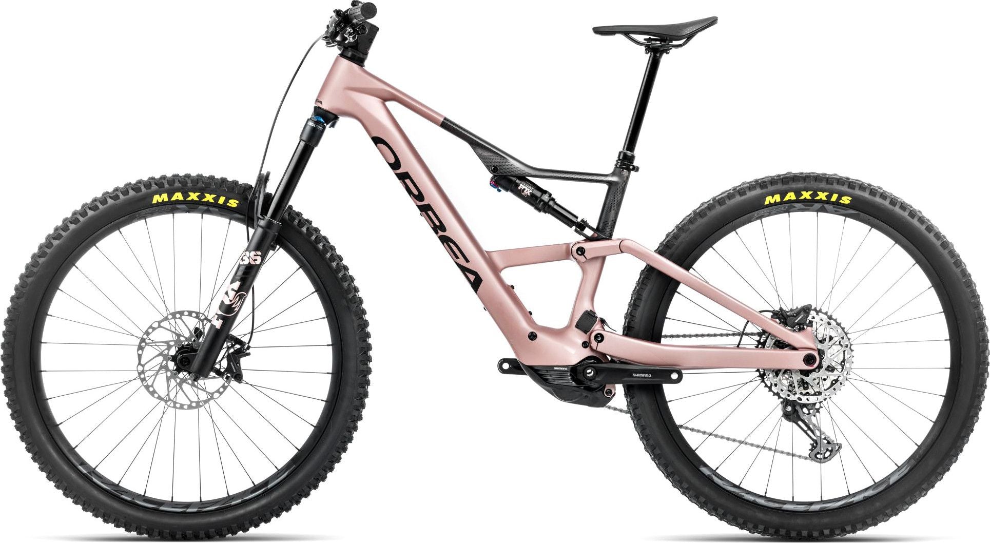 VTT Électrique Tout-Suspendu Orbea Rise LT M20 12V 630 Wh Shimano 85 Nm 29'' Rose Desert Gris Carbon Raw 2025