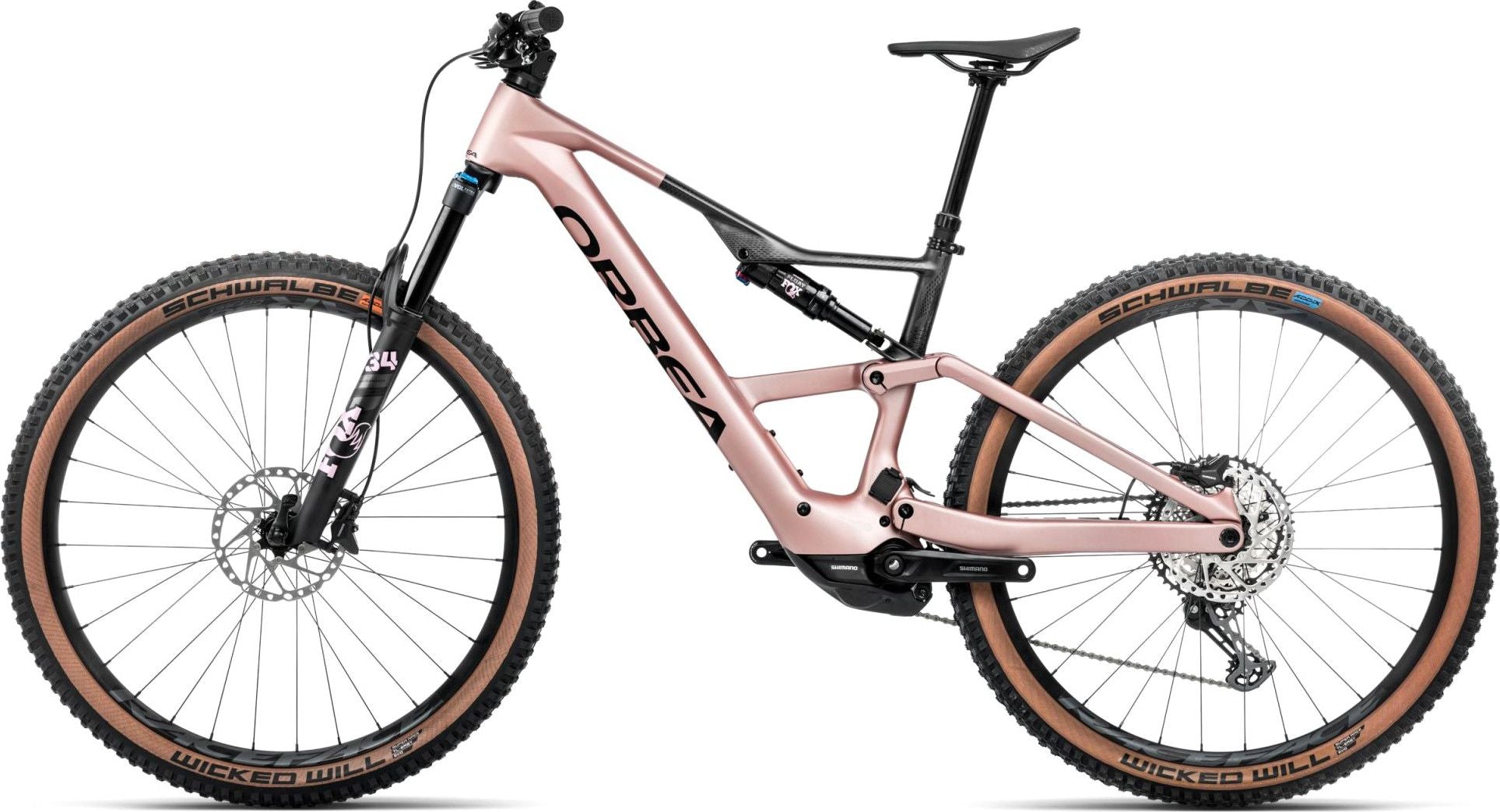 VTT Électrique Tout-Suspendu Orbea Rise SL M20 12V 630 Wh Shimano 85 Nm 29'' Rose Desert Gris Carbon Raw 2025