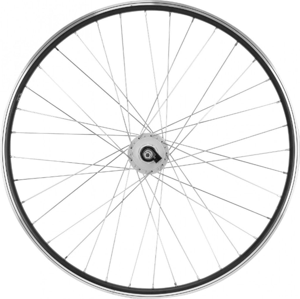 Roue vtc 700x35 avant er10 alu noir double paroi moy Shimano argent dynamo 6 volt-3w (pour eclairage avant et arriere) - compatible v-brake moyeu ecrou