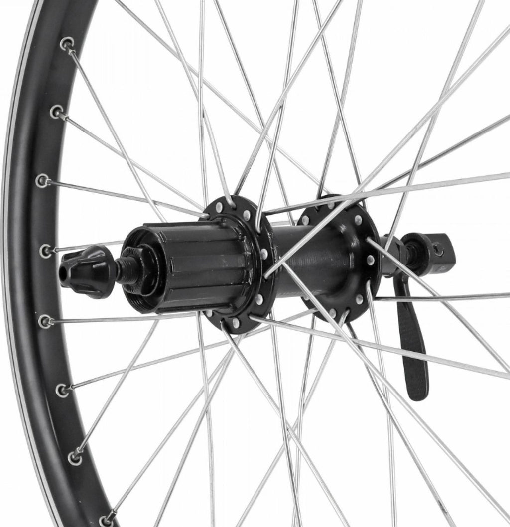 Roue vtt 20  kargo - vae - e-bike arriere disc et v-brake noire double paroi avec oeillets moyeu 500 cassette 10-9-8v. (renforce) rayon zing jante 25c 32 rayons