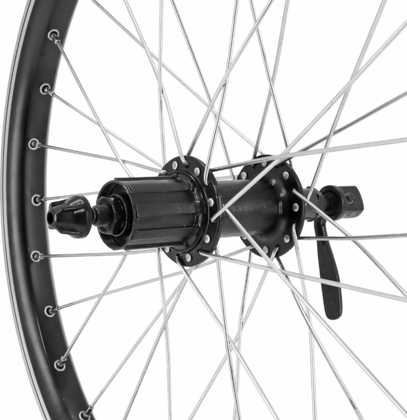 Roue vtt 20  kargo - vae - e-bike arriere disc et v-brake noire double paroi avec oeillets moyeu 500 cassette 10-9-8v. (renforce) rayon zing jante 25c 32 rayons