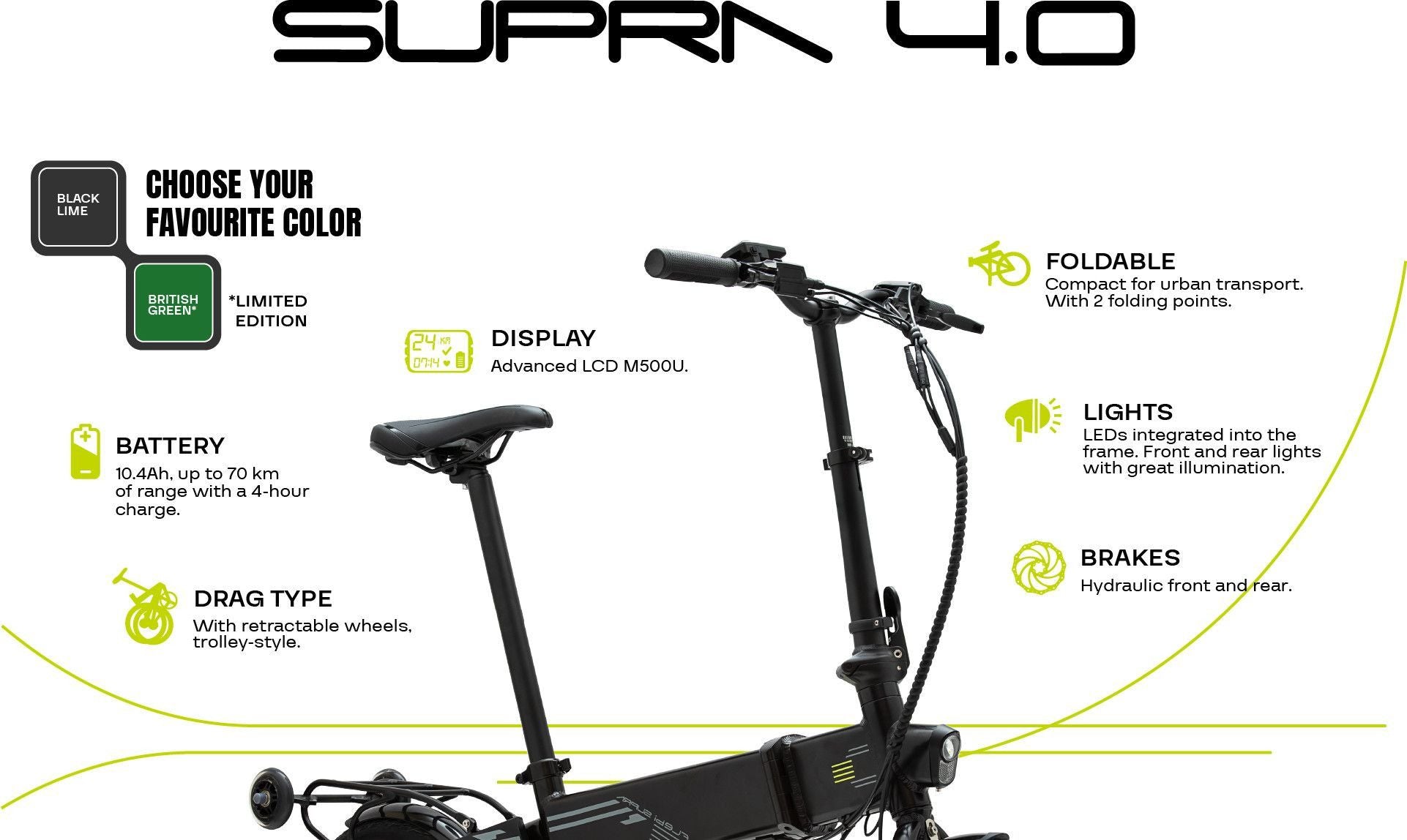 Vélo Electrique Pliant Flebi Supra 4.0 Black lime | Roues 16