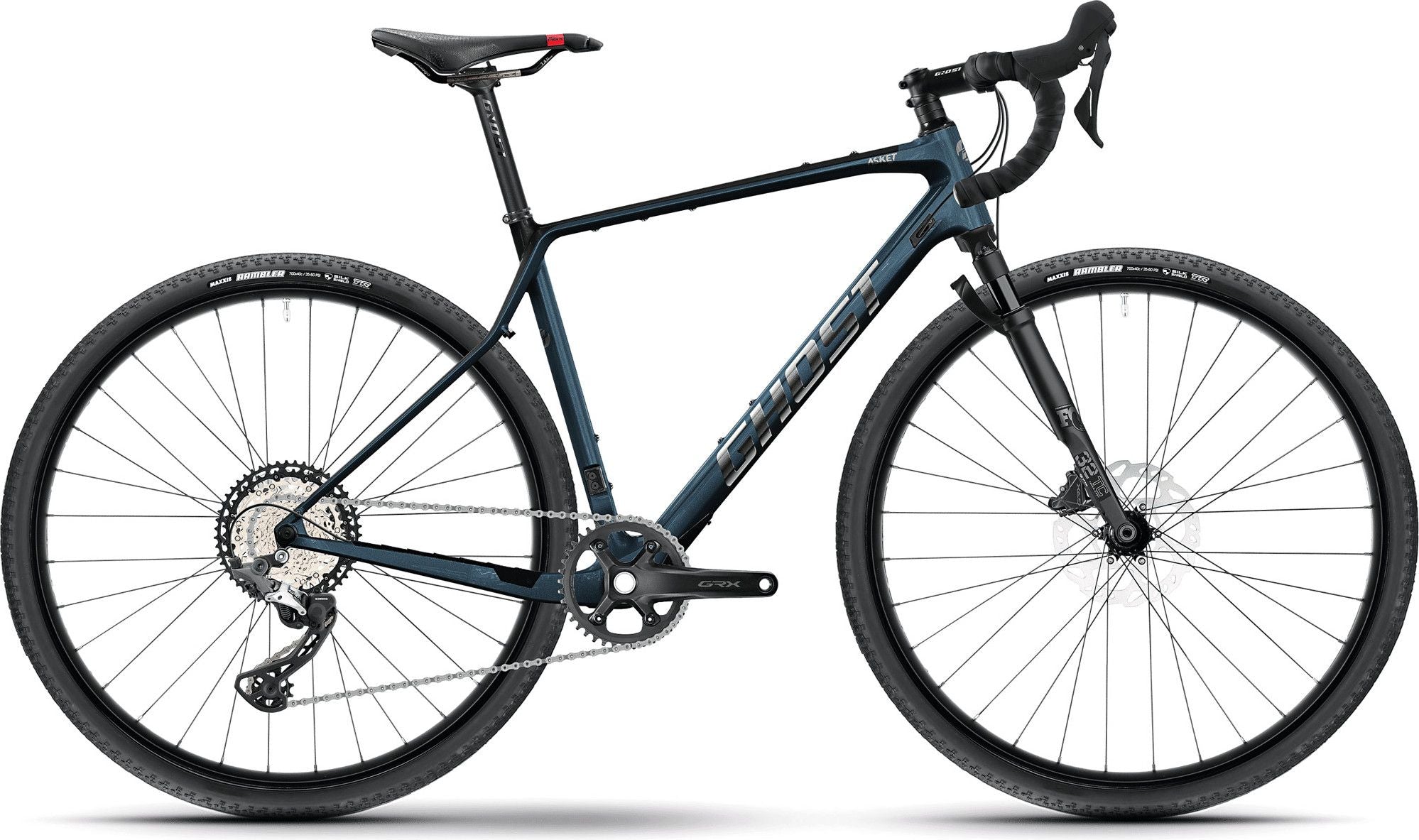 Vélo de Gravel Ghost Asket CF Full Party Shimano GRX 12V 700 mm Bleu Metallic Dark Carbon Showing 2025