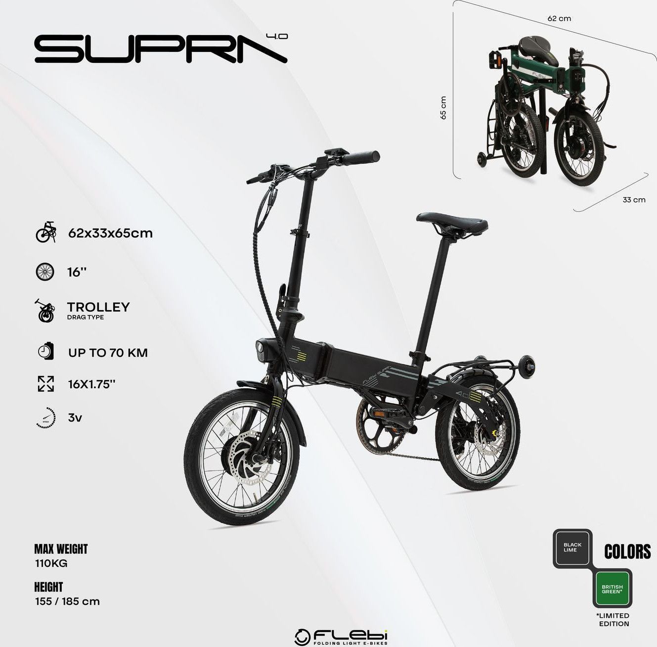 Vélo électrique pliant Supra 4.0 British Green | Roues 16