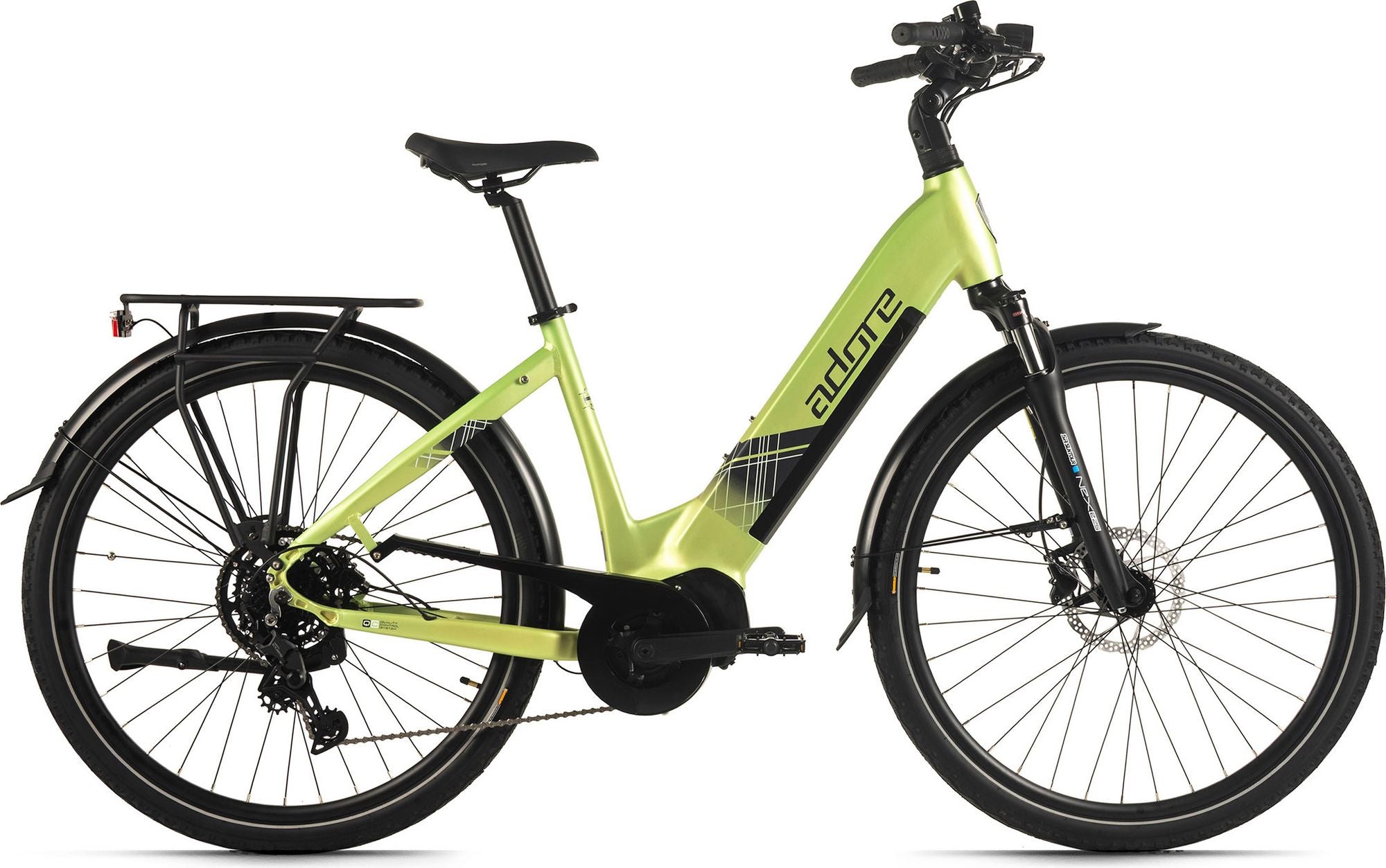 Vélo de ville électrique Adore 28 aluminium citybike Cx-280 moteur central 85nm / 15Ah vert acidulé