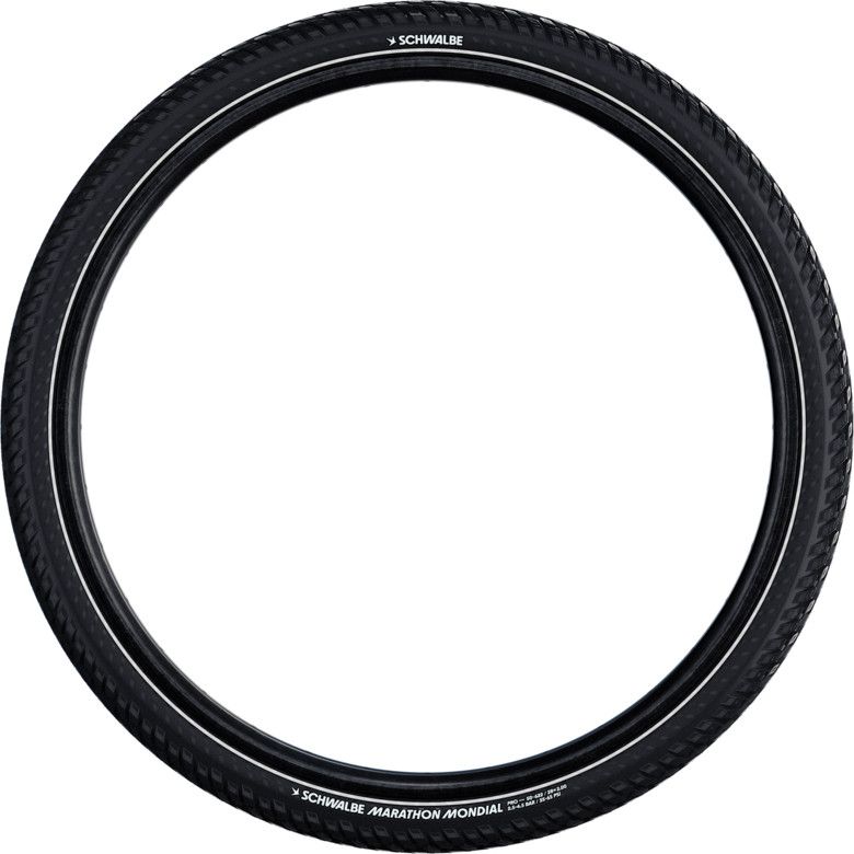 Pneu Schwalbe Marathon Mondial 700 mm Tubetype Souple Double Defense Pro V-Guard Addix Flancs Reflex E-Bike E-50