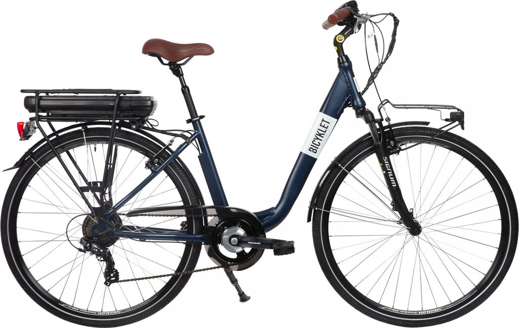 Vélo de Ville Électrique Mixte Bicyklet Claude Shimano Tourney 7V 500 Wh 700 mm Bleu Nuit Mat Marron T.48cm 167/185cm - Produit Reconditionné