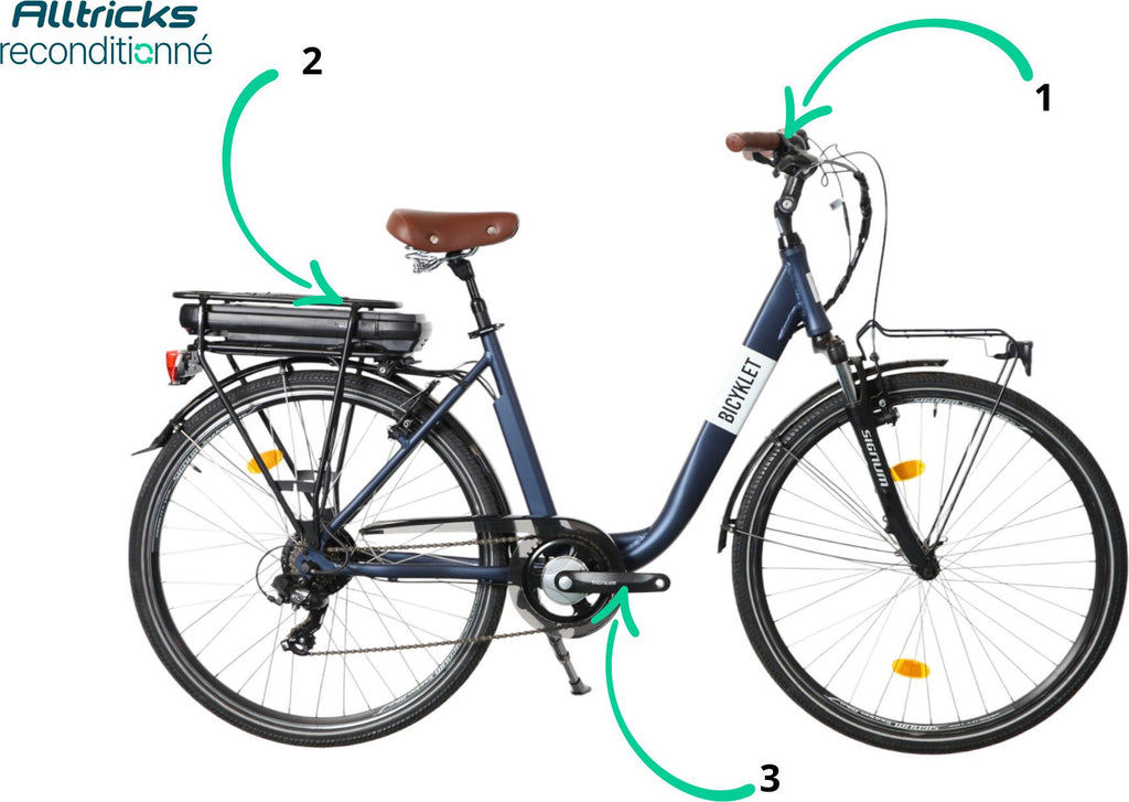 Vélo de Ville Électrique Mixte Bicyklet Claude Shimano Tourney 7V 500 Wh 700 mm Bleu Nuit Mat Marron T.48cm 167/185cm - Produit Reconditionné