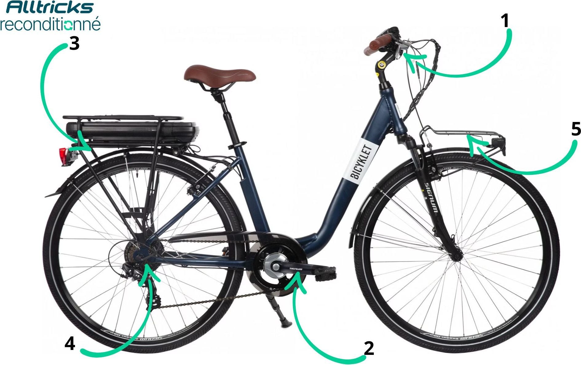 Vélo de Ville Électrique Mixte Bicyklet Claude Shimano Tourney 7V 500 Wh 700 mm Bleu Nuit Mat Marron T.48 167/185cm - Produit Reconditionné