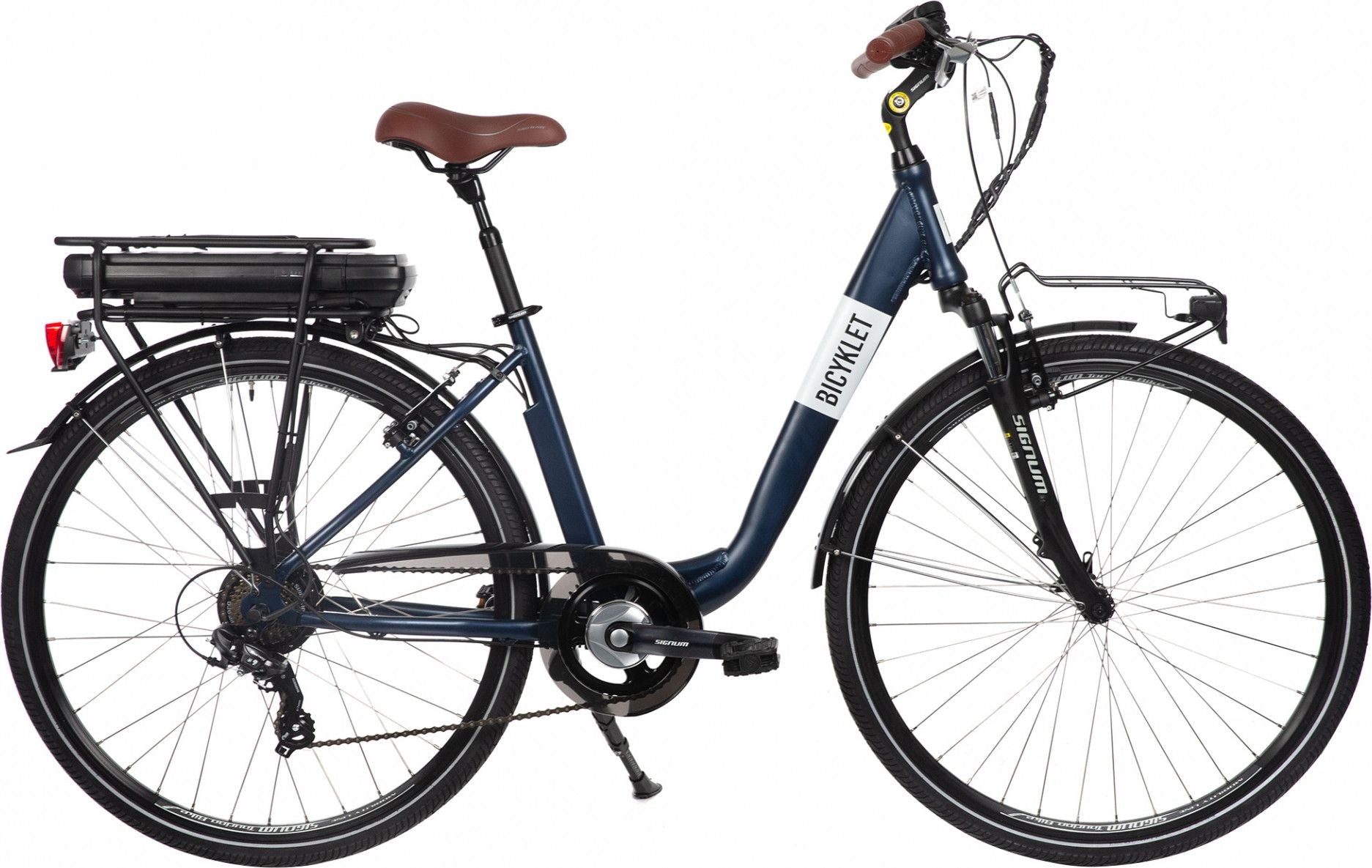 Vélo de Ville Électrique Mixte Bicyklet Claude Shimano Tourney 7V 500 Wh 700 mm Bleu Nuit Mat Marron T.48 167/185cm - Produit Reconditionné