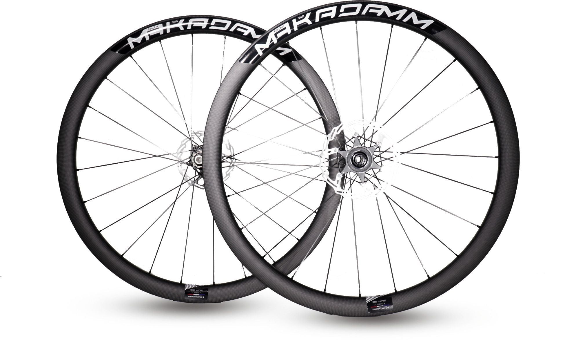 Paire de roues carbone route – MaKadamm slim 38 disc classic à pneus – 1422 gr la paire – centerlock – axe 12x100 | 12x142