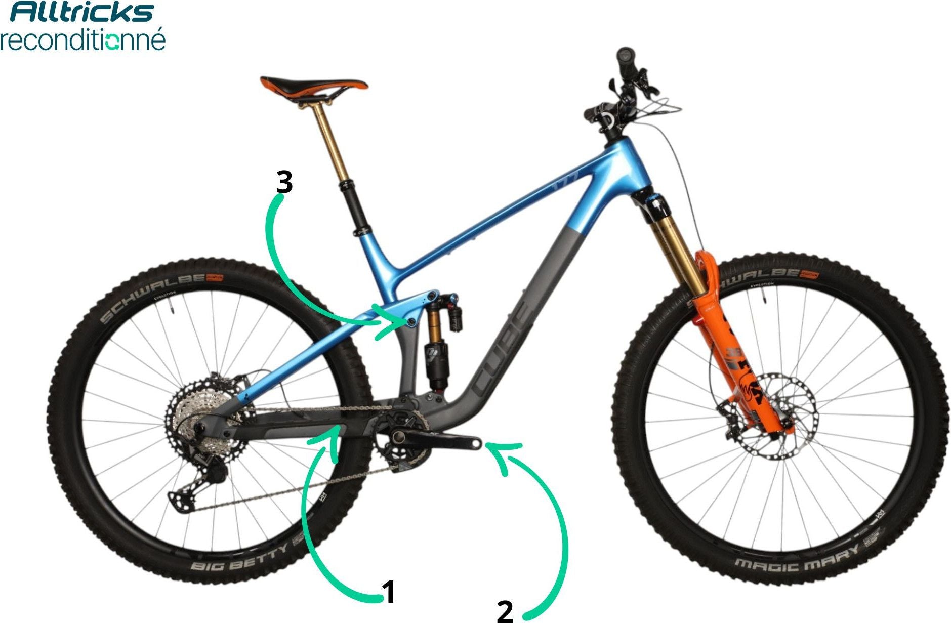 VTT Tout Suspendu Cube Stereo ONE77 C:68X SLX 29 Shimano XT 12V T.XL 184/195cm - Produit Reconditionné